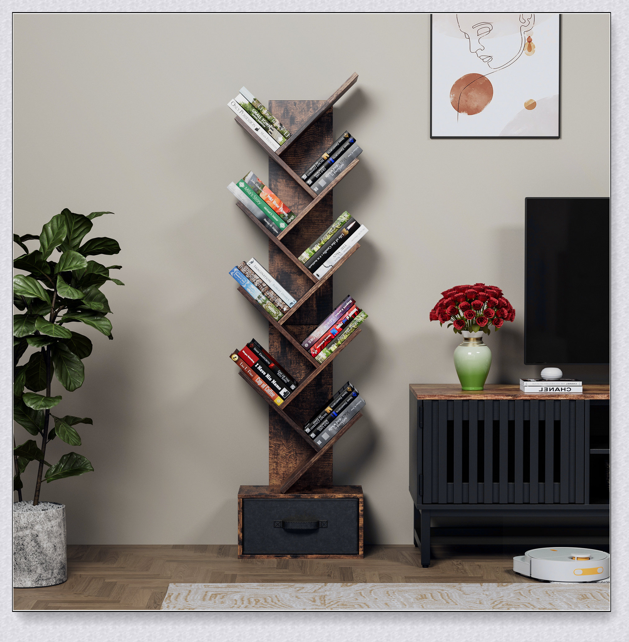 Next Tree Bookcase Ebern Designs 9 Tier Tree Bookshelf with Drawer Bookcase, Modern Book ...