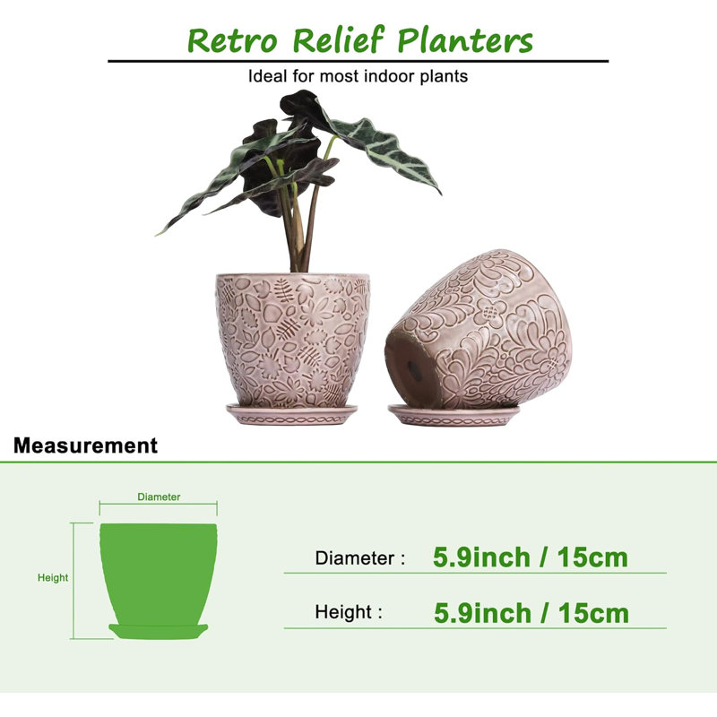 Set Of 2 Retro 6" Ceramic Planters With Drainage & Saucers