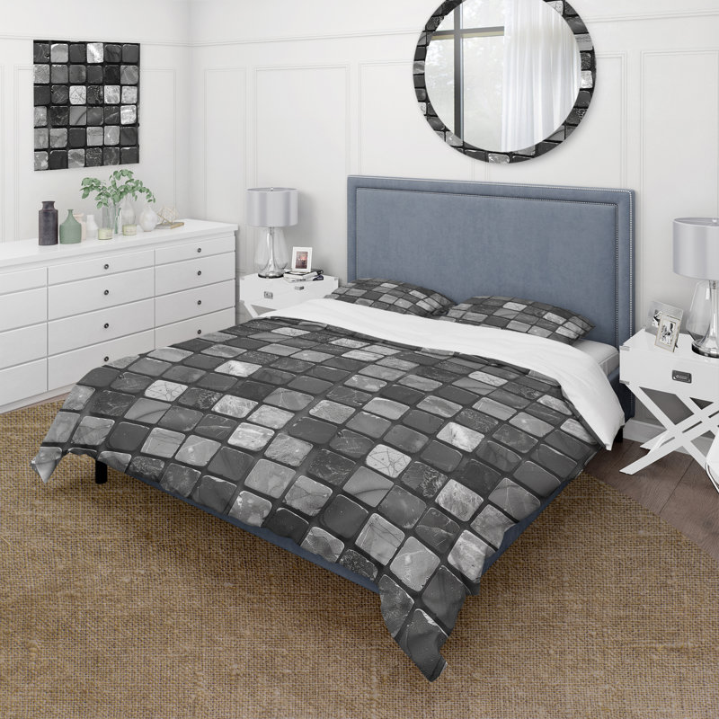 Ensemble de housse de couette gris Midcentury Mosaic Tiles I - Midcentury, Housse de couette simple + 2 taies décoratives st