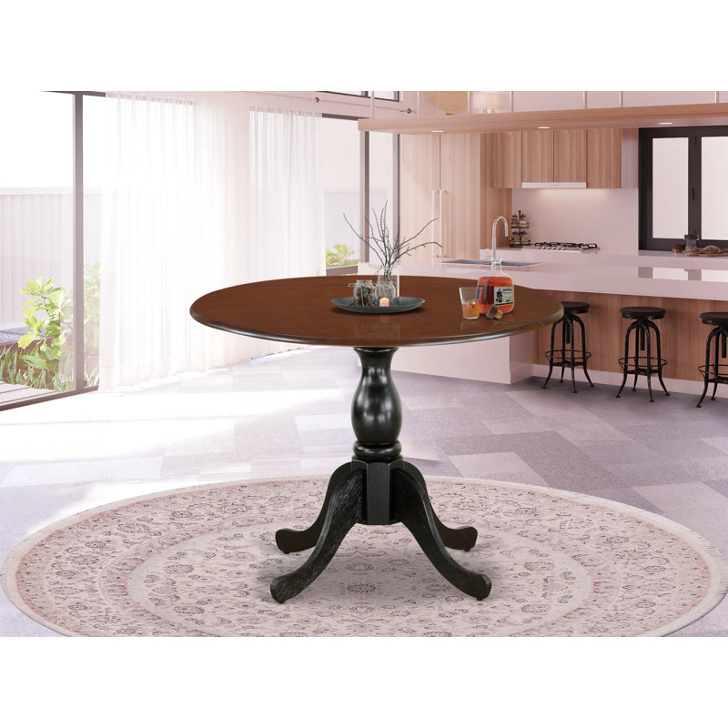 Mid Century Modern Dining Table with Drop Leaves - Mahogany Table Top and Black Pedestal Leg Finish, Black, Mahogany