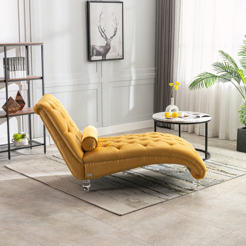 Chaise longue capitonnée à boutons, Moutarde