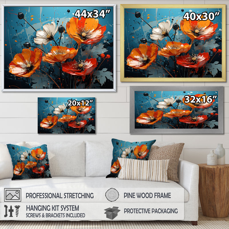 Bouquet de coquelicots orange et bleu I - coquelicots, art mural, Cadre flottant brun, H 24 po x l 32 po x P 1 po