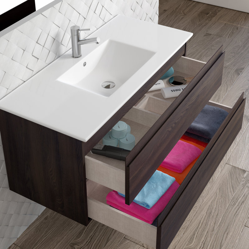 Ensemble de meuble-lavabo mural simple 39 po Jasso, Brun