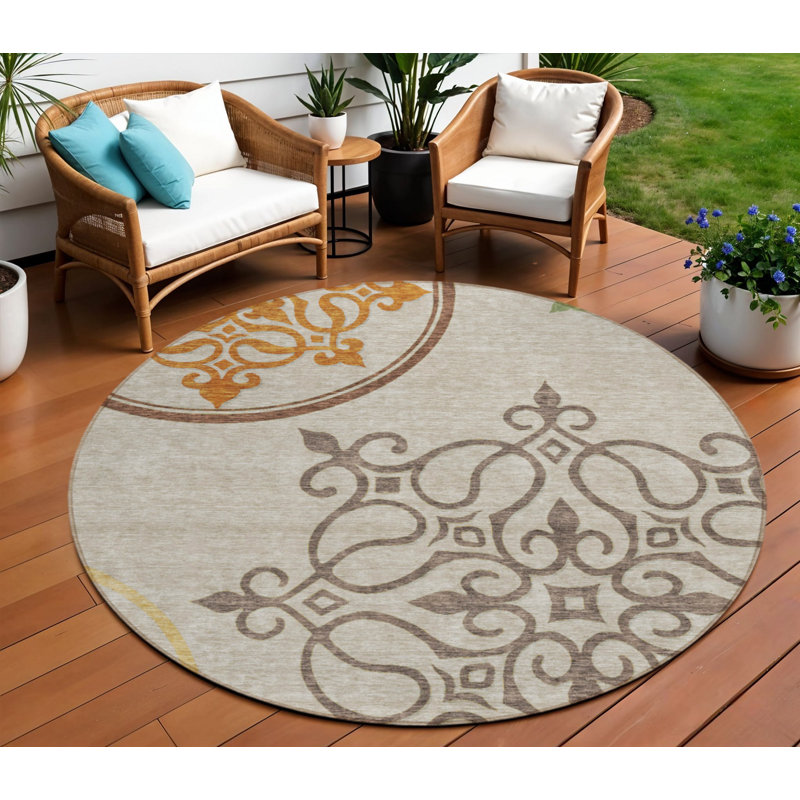 8' Taupe Round Floral Medallion Washable Indoor Outdoor Area Rug