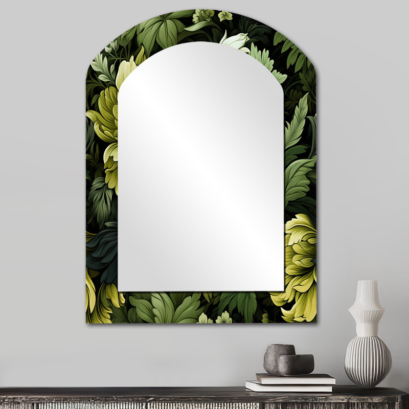 «Senga Tropical Green Jungle Damask» - grand miroir mural asymétrique tropical, miroir décoratif de forme libre vert, impression d'art en métal