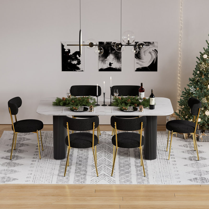 Rectangle Double Pedestal Dining Set with Cream Style Dining Table, Black, 7, Black/Gold