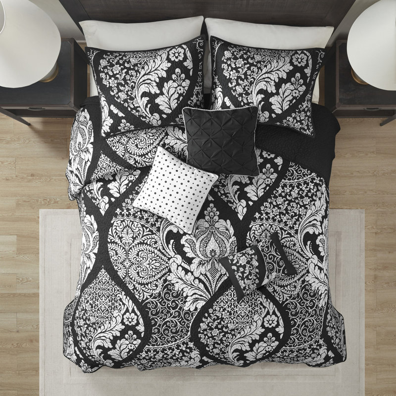 Courtepointe pour très grand lit / très grand lit 6 pièces, mélange de coton complexe, réversible, coussins décoratifs brodés, facile d'entretien avec coussin très grand, coussins en coton noir