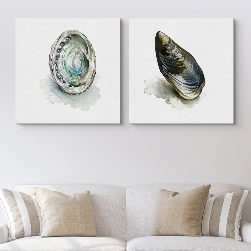Abalone et coquille de moule, ensemble de 2 reproductions d'art encadrées sur toile encadrées bleu vert bord de mer