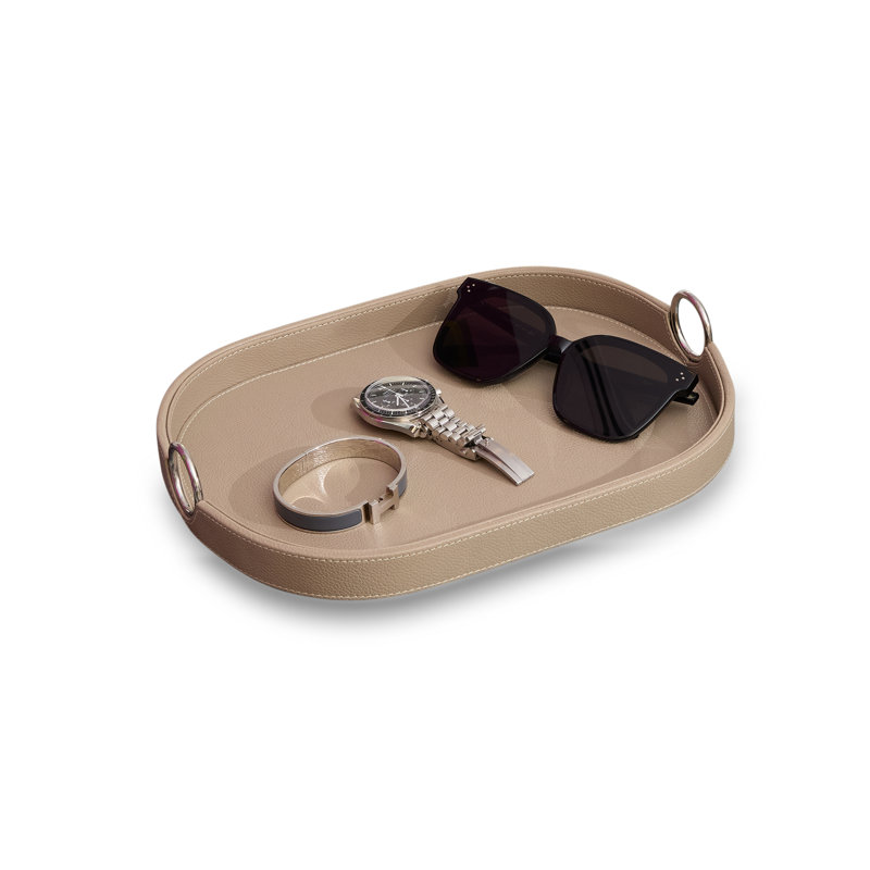 Saddle Leather Oval Tray In Stainless Steel