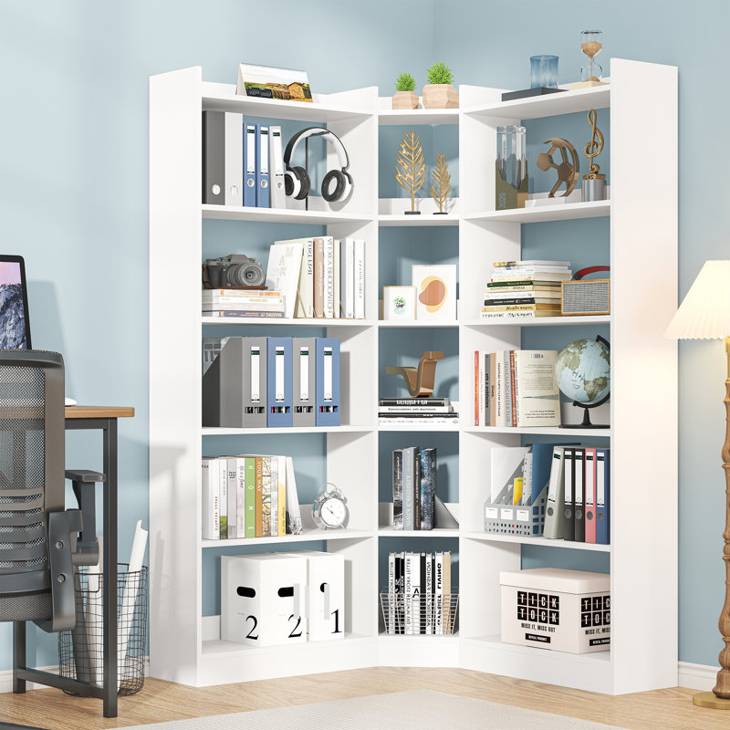  6 Tiers Corner Bookshelf And Bookcase With Baffle, 63.1" Tall Modern L-shaped Storage Display Book Shelf Industrial Bookshelves For Bedroom, Living Room, Kitchen, Home Office, White