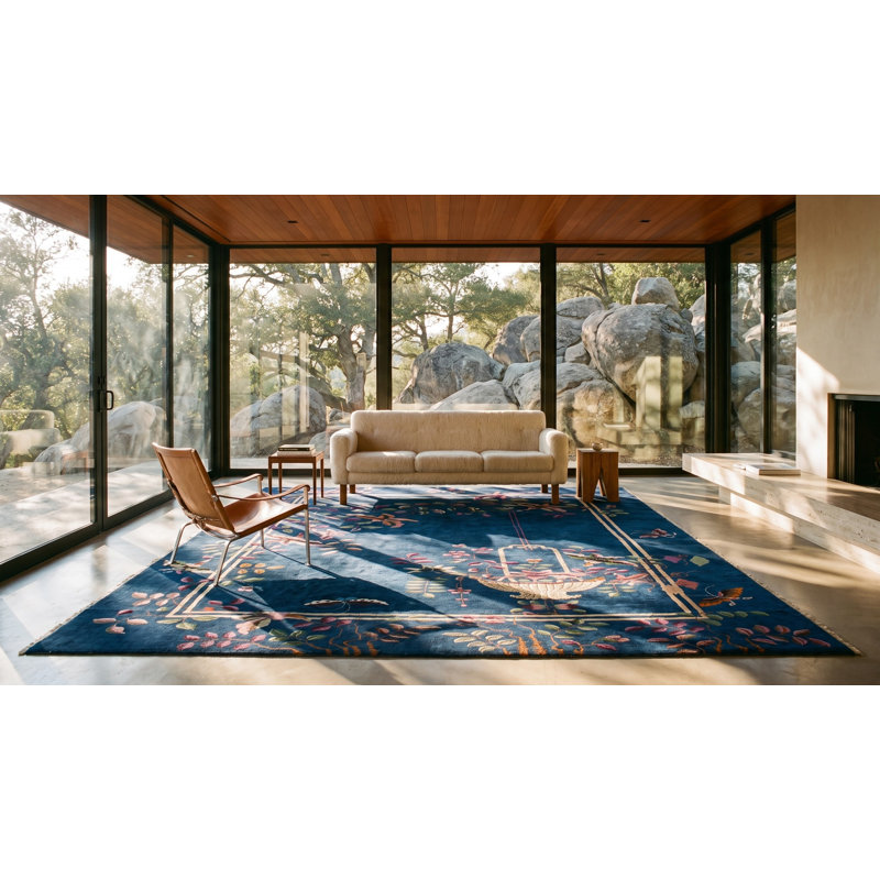 Luxurious Blue Color Wool Pile Antique Art Deco Chinese Rug