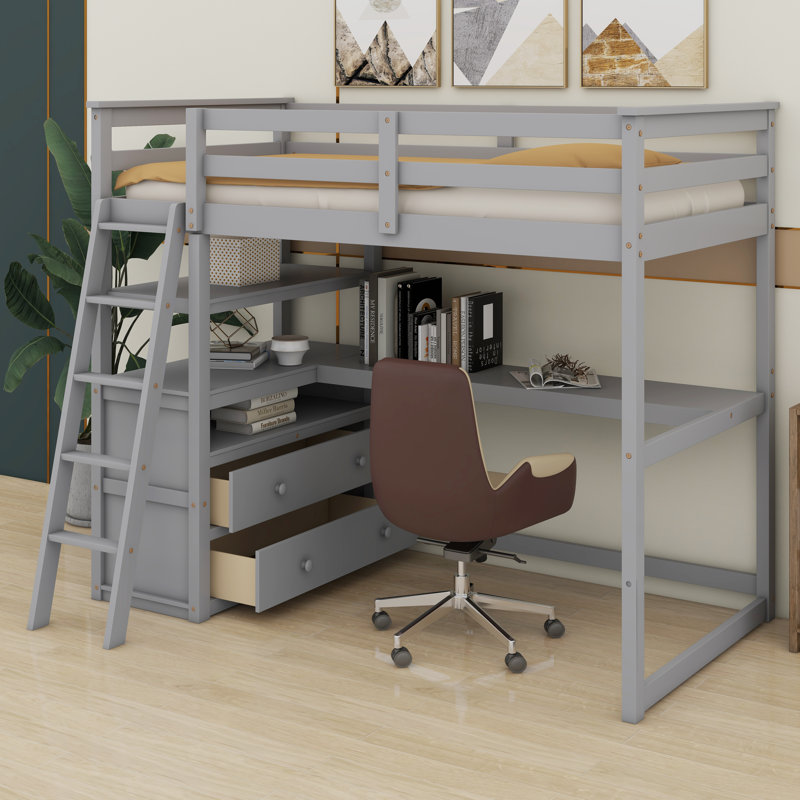 Lit mezzanine avec bureau et tablettes, Gris