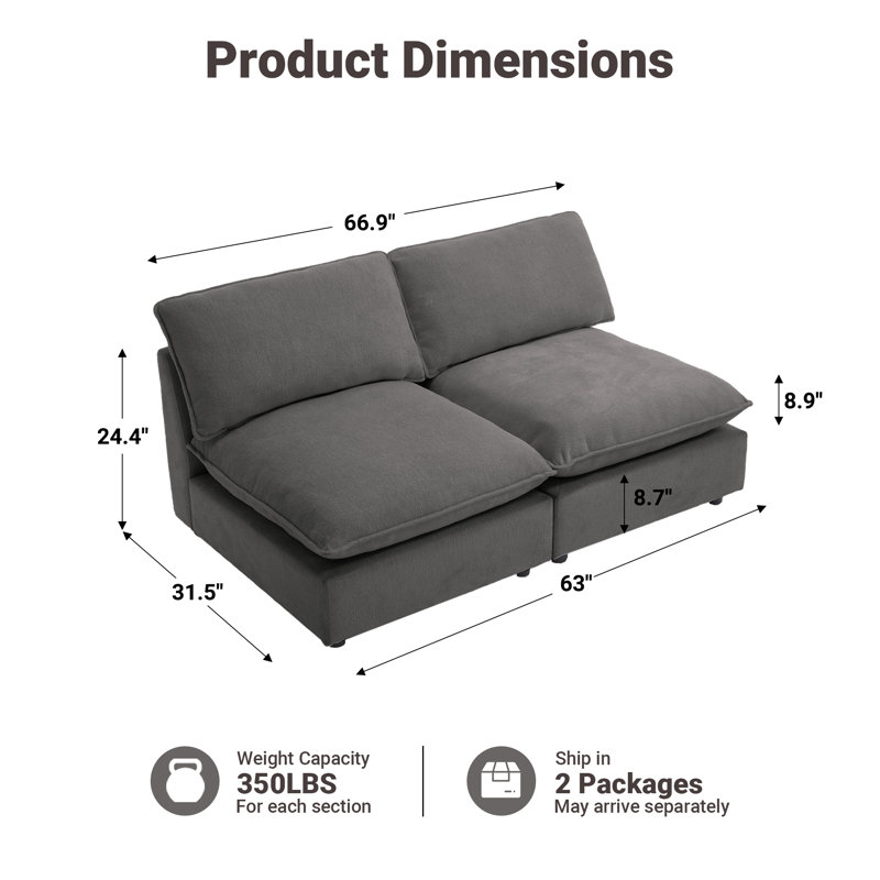Canapé modulaire sans accoudoirs 2 pièces 67 po, Gris foncé