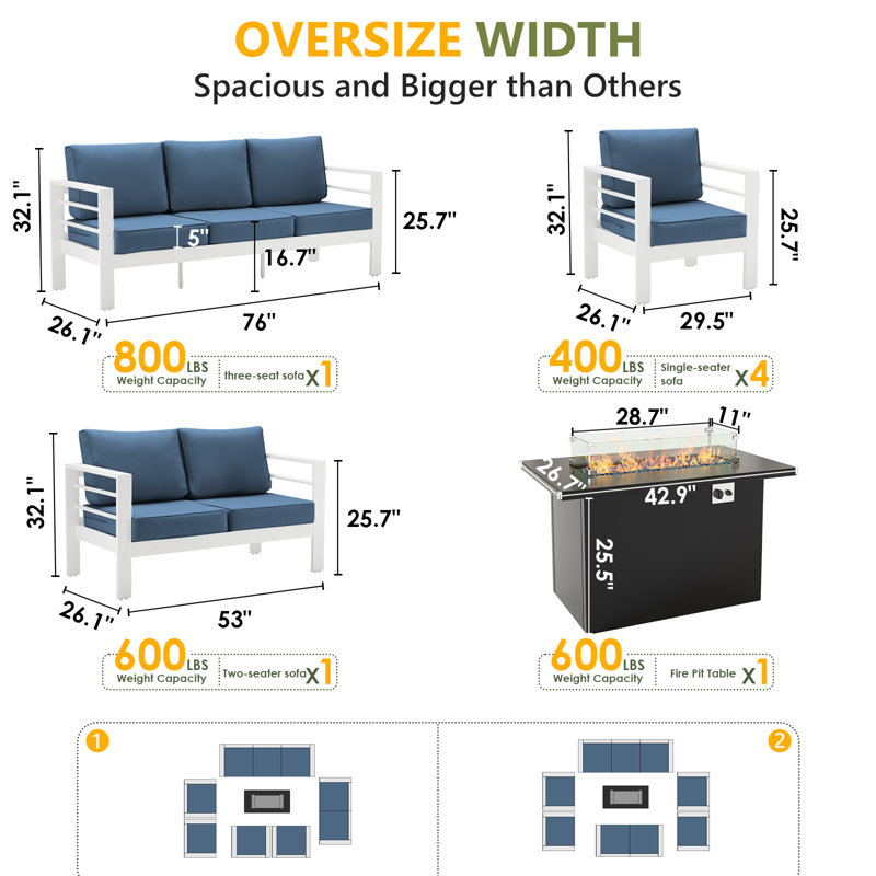 9-Person Sofa Seating Group With Fire Pit, Beige Cushion/White Frame