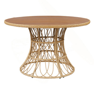 Durable Outdoor Dining Table - Round Acacia Wood Top & Wicker Base, Teak Finish Patio Table For 4 - 6, Garden Outdoor Furniture (Compatible With Matching Chairs)