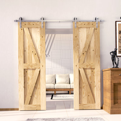 Pine Wood Unfinished/Unassembled Door with Brushed Nickel Double Door Installation Hardware Kit