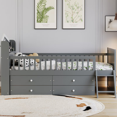 Structure de lit simple avec 4 tiroirs - Lit plateforme gris pour enfants avec garde-corps et échelle, sans sommier