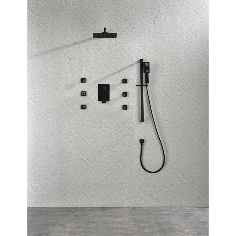 Structure de douche noire matte avec 6 qualités de jet corporel et douche à main, unité murale pulvérisée à la main