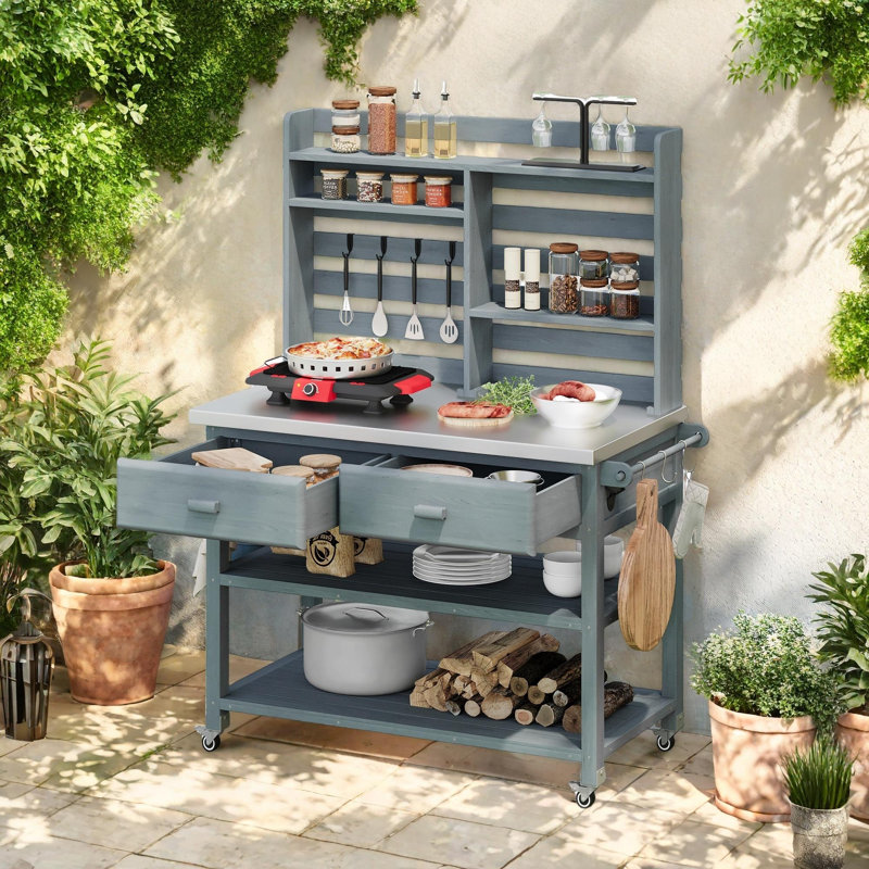 Solid Wood Outdoor Kitchen Island with Upper Hutch, Gray Blue