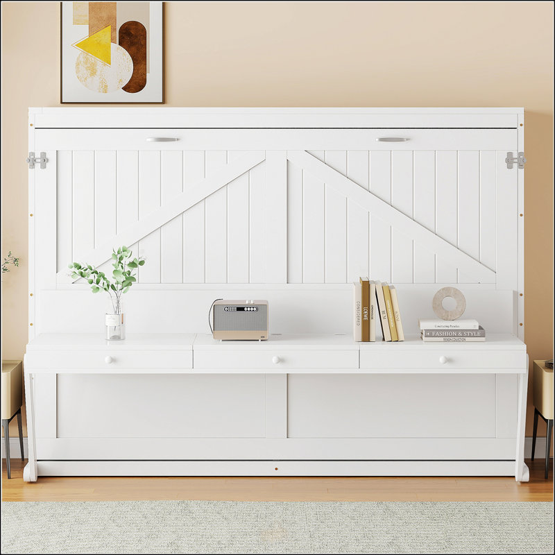 Grand lit escamotable mural avec rangement, Blanc