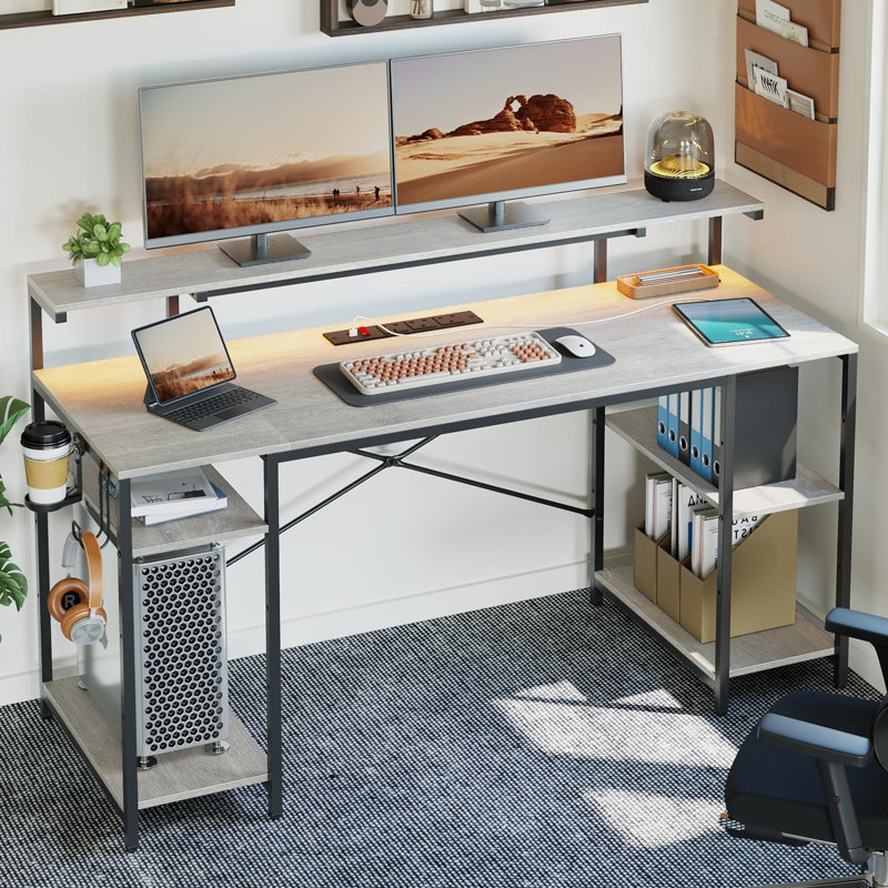 Metal Base Computer Desk with Power Outlet, Retro Grey Oak-light