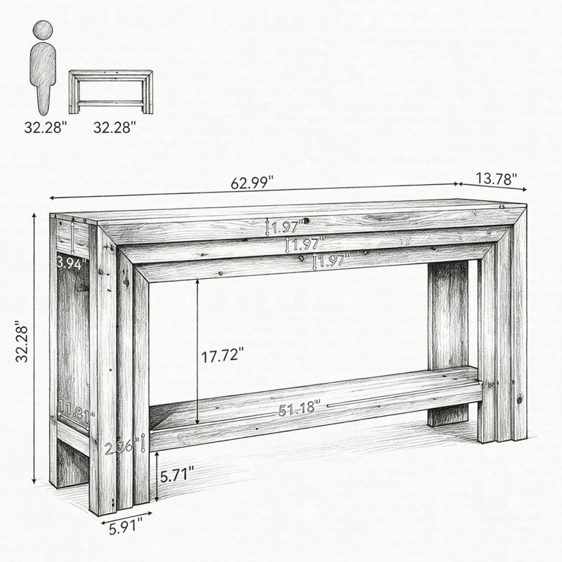 63" Solid Wood Console Table, 2-Tier Farmhouse Entryway Sofa Table With Dimensional Linear Frame, Hallway Table