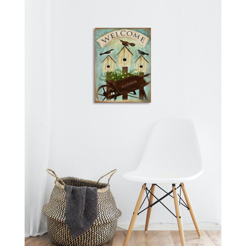Welcome Wheel Barrow And Birds by Beth Albert - Print on Canvas, 16" H x 12" W x 1.5" D