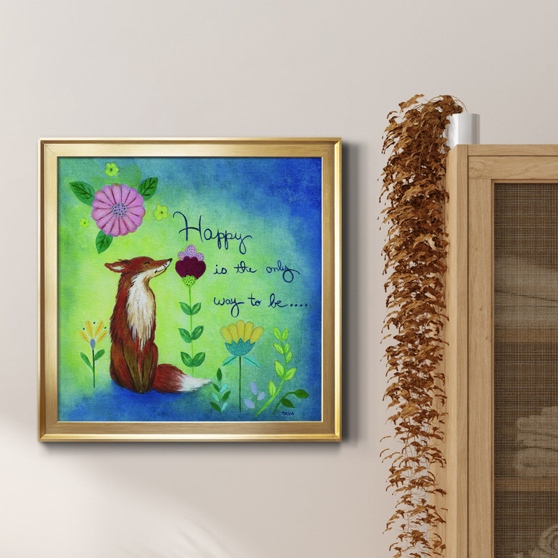 Happy Fox - peinture sur toile encadrée, H 30,5 po x l 30,5 po x P 1,5 po, Encadrement doré