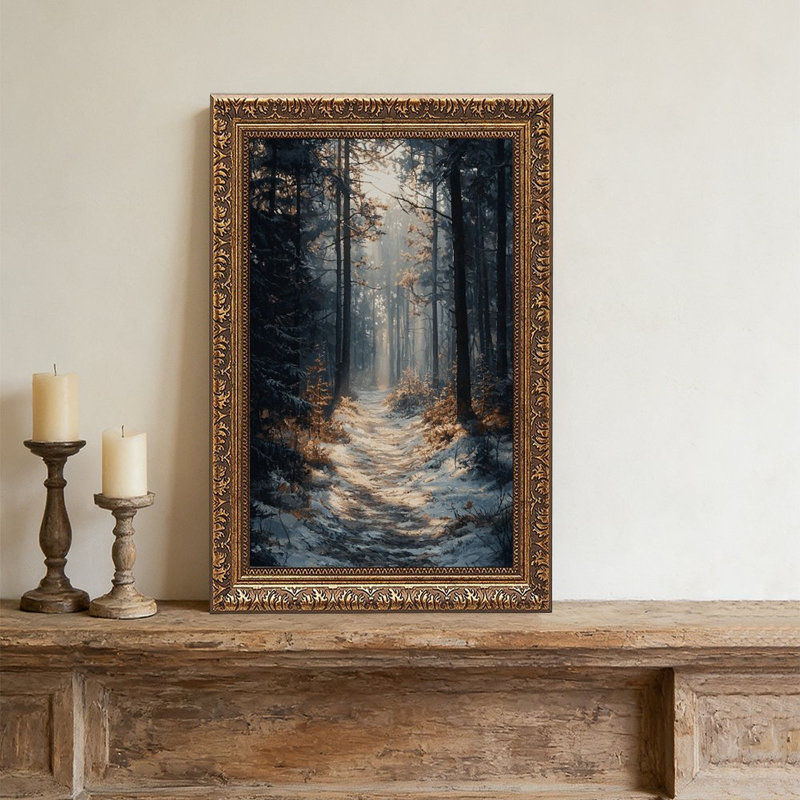 Sunlit Snowy Forest Path avec de grands arbres, cadre mural rétro - cadre décoratif doré pour art., L 16 po x l 24 po