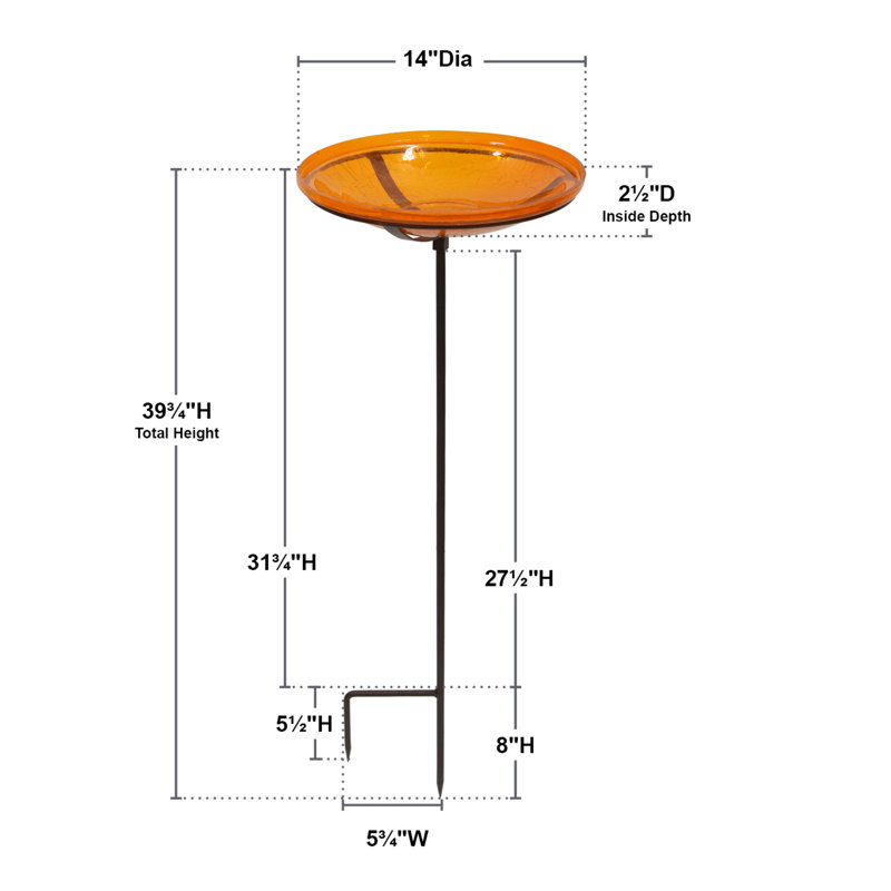 Mandarin Crackle Glass Birdbath with Bronze Stake, 14 Inch