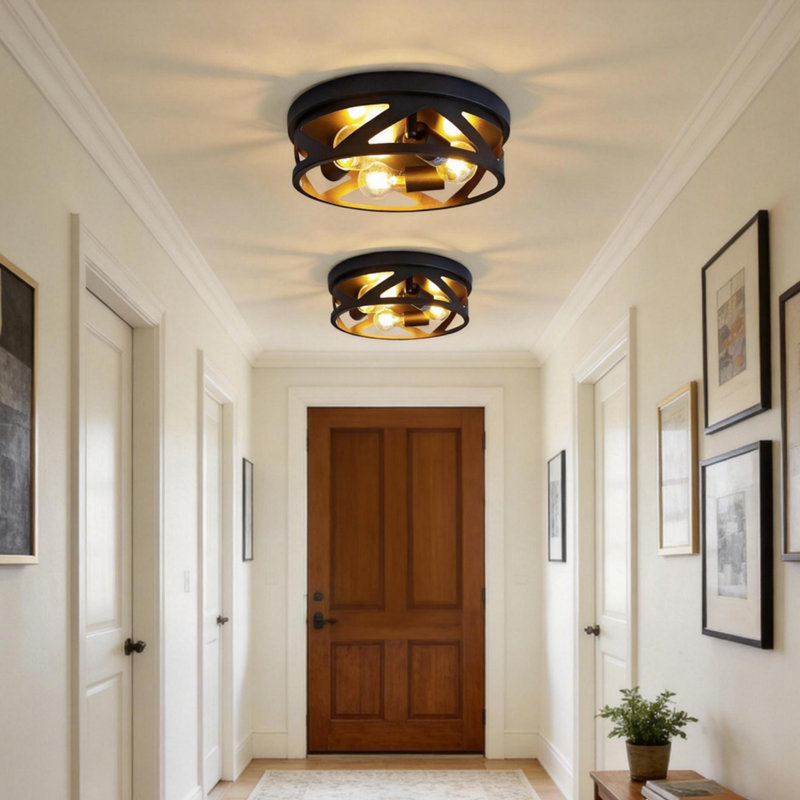 13'' Industrial Flush Mount Ceiling Light, Matte Black Metal Ceiling Fixture For Porch & Kitchen (Set of 2), 3 Lights
