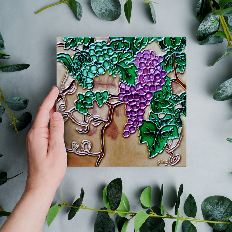 Handcrafted Ceramic Art Tile with Purple and Green Grapes