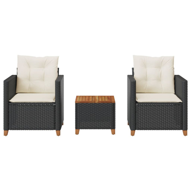 Highland Dunes 3 Piece Bistro Set With Cushions Poly Rattan Acacia Wood, Black, Cream White