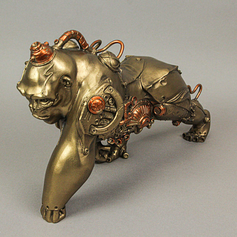 Industrial steampunk resin gorilla sculpture with bronze finish, copper, brass and gold accents — 11'' L x 5'' W x 8'' H