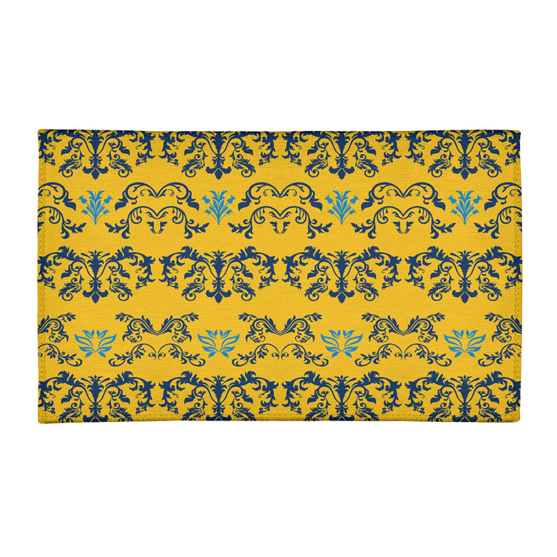 Tapis damassé jaune / bleu marine, Rectangle 2 pi x 3 pi