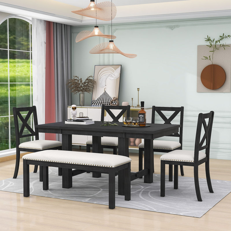 Farmhouse 6-Piece Extendable Dining Table Set with 2 Removable Leaf, 4 Upholstered Chairs and Bench, Black