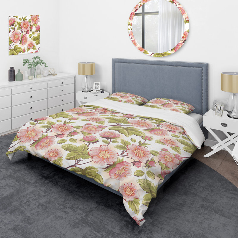 Fleurs roses et feuille verte - ensemble de housse de couette floral - microfibre de polyester