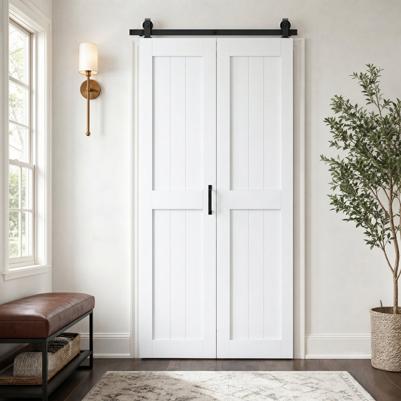 Porte de grange pliante en bois manufacturé 84 po 84 po avec quincaillerie d'installation (support supérieur), 28 po x 84 po