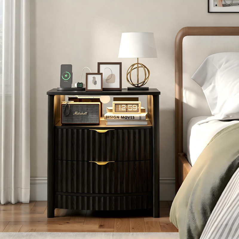 19.7"W 2 Drawer Nightstand With Light, Black Willow Wood