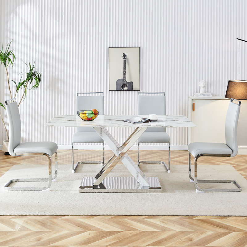 5-Piece Modern Rectangular Faux Marble Dining Set with Cantilever Chairs, Light Gray