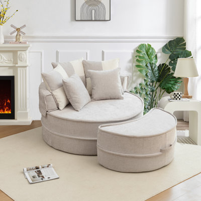 47.6" Chenille Oversized Round Bucket Chair With 5 Pillows By Ottoman