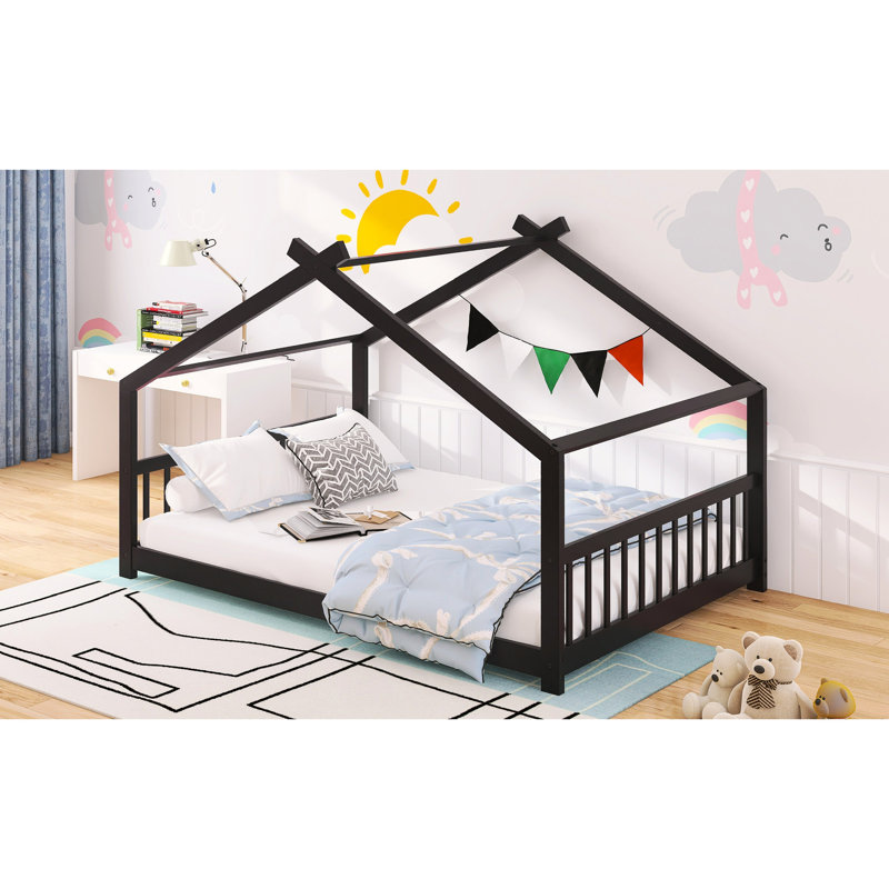 Lit maison, lit double, pin, toit de maison de jeu pour une expérience de sommeil agréable, matériau en bois de pin, toit, crée un endroit relaxant