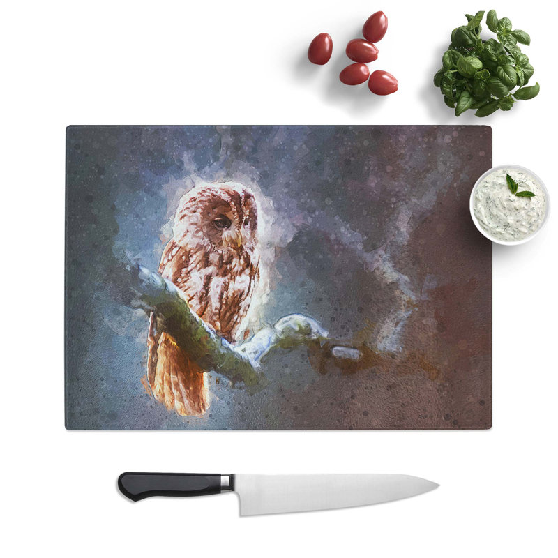 Tempered Glass Owl upon a Tree Branch Chopping Board, 39 cm W x 28.5 cm L