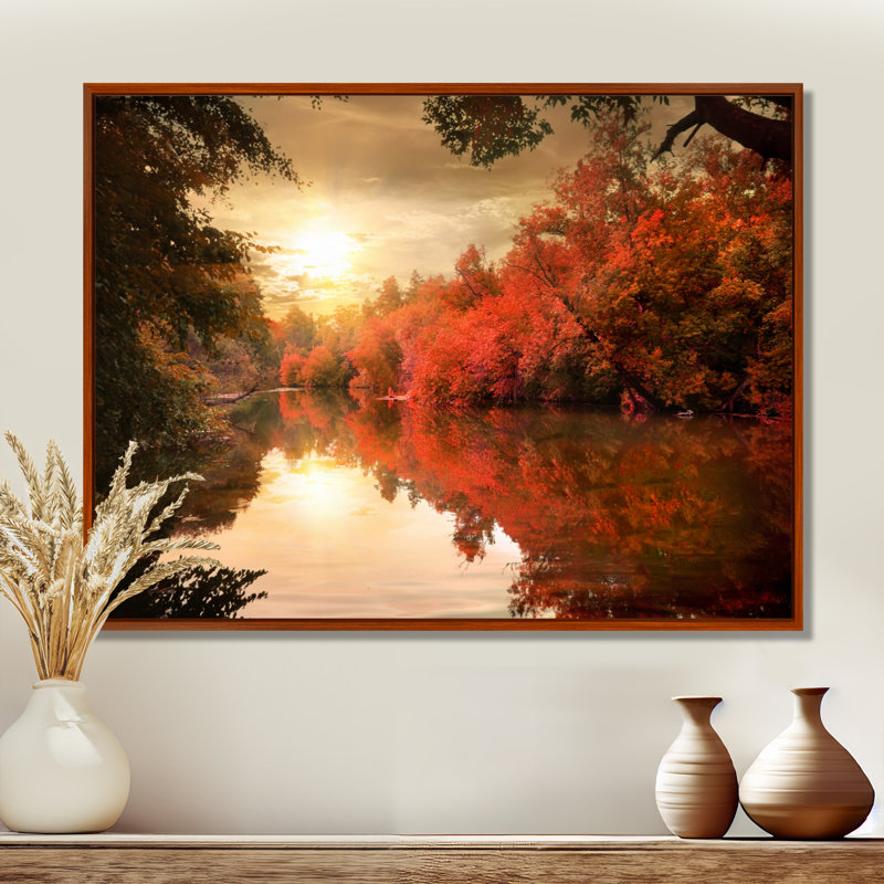 Paysage, coucher de soleil sur une rivière, photographie sur toile, H 34 po x l 44 po, Brun, Cadre flottant