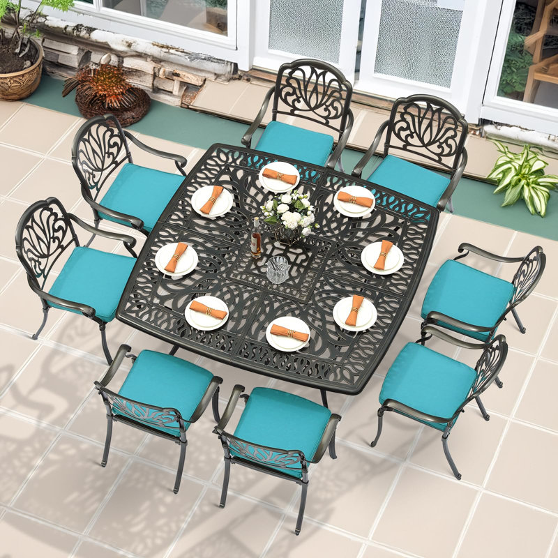 9-Piece Outdoor Furniture Dining Set For 8, All Weather Cast Aluminum Patio Dining Set- Large 64" Square Table With Umbrella Hole And 8 Cushioned Chairs, Patio Table And Chairs Set