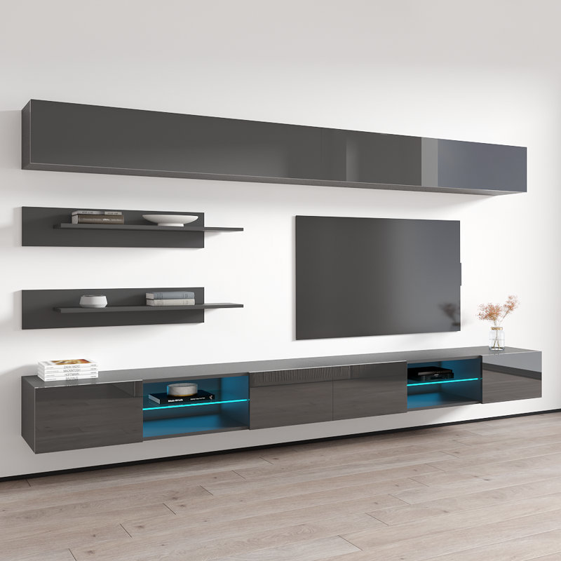 Livermore 126" Modern Floating Wall Mounted Entertainment Center with 16-Color LED Lighting, High Gloss Finish, Gray