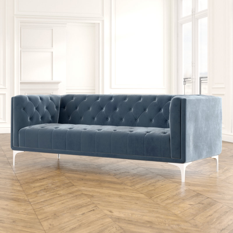 Pale Mauve Tufted Velvet Tuxedo Arm Sofa with Down Fill