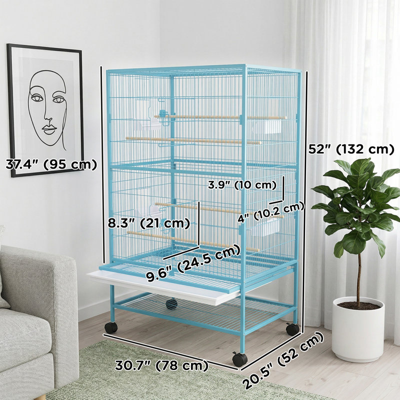 Grande cage à oiseaux avec support roulant 52 po, pour pinson, perruche, bleu clair