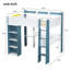 Lit mezzanine double en bois avec tablettes de rangement intégrées, tringles à vêtements et bureau-679697550