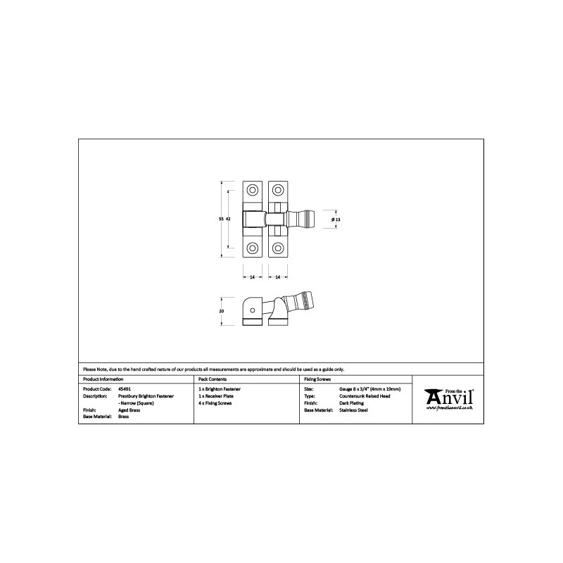 Prestbury Brighton Fastener - Narrow (Square), Aged Brass